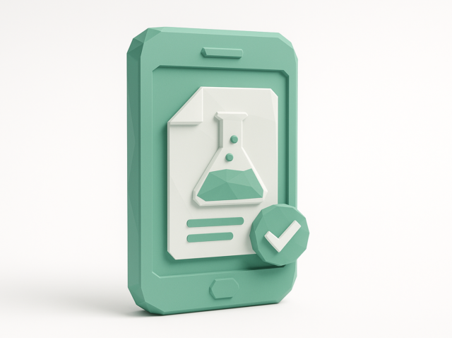 3D illustration of a smartphone showing a lab results document with a flask icon and checkmark, representing automated lab result notifications and streamlined workflow