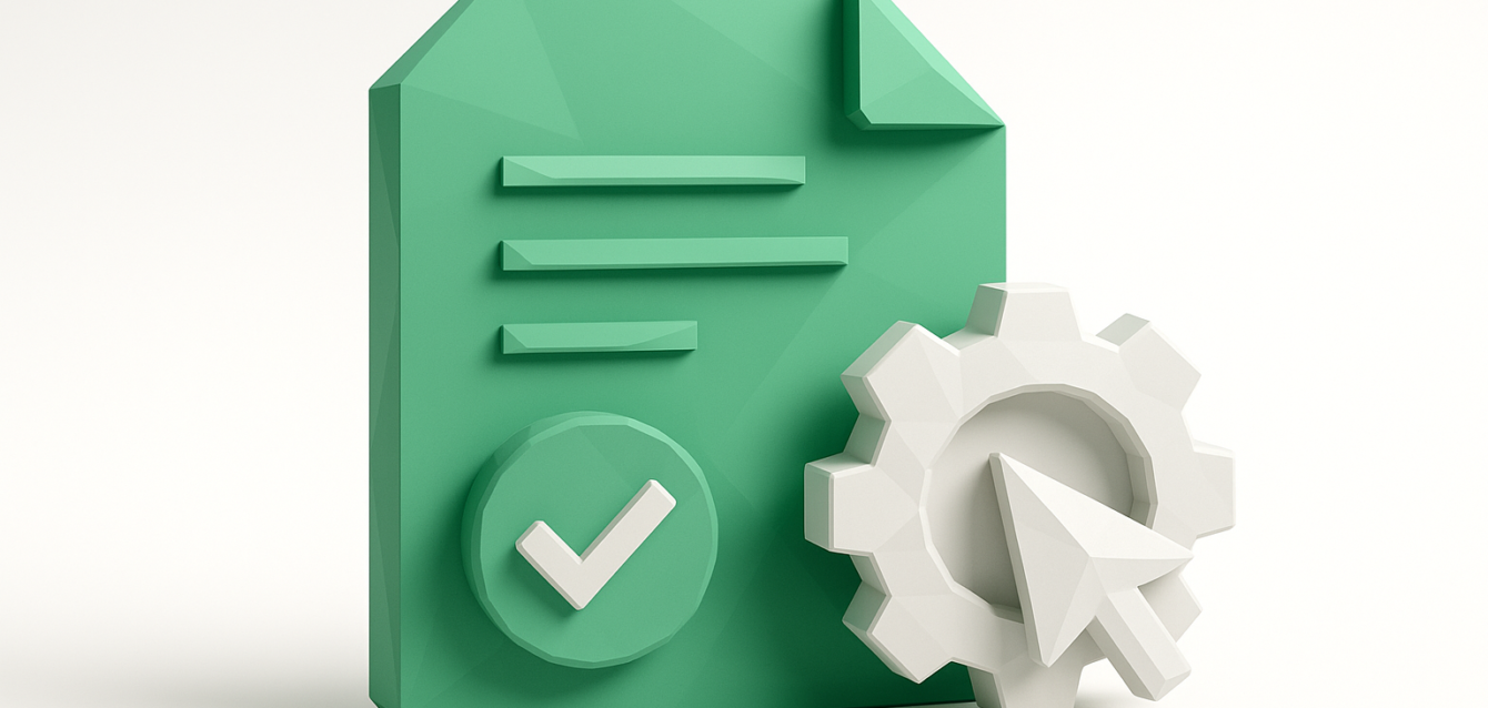 3D green document icon with a checkmark, white gear and cursor illustrating automated lease agreement generation and document automation for lease workflows