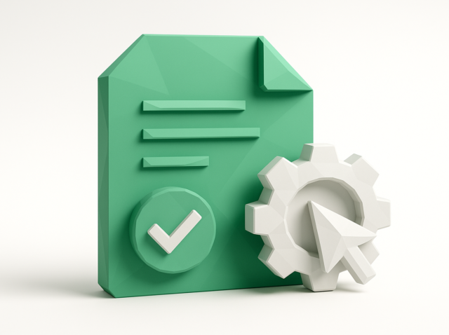 3D green document icon with a checkmark, white gear and cursor illustrating automated lease agreement generation and document automation for lease workflows