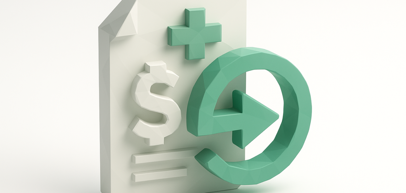 3D icon of a medical bill with a dollar sign, medical cross, and green circular arrow symbolizing automated medical billing, claims processing and payment workflows in 2026