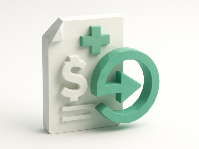 3D icon of a medical bill with a dollar sign, medical cross, and green circular arrow symbolizing automated medical billing, claims processing and payment workflows in 2026