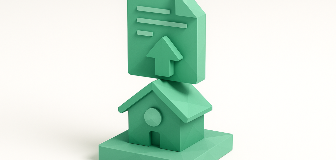 3D green house icon with a document and upward arrow, symbolizing automated property listing descriptions and uploads