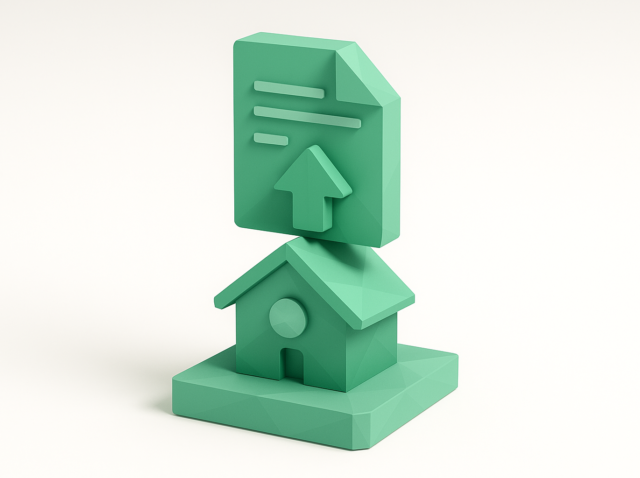 3D green house icon with a document and upward arrow, symbolizing automated property listing descriptions and uploads