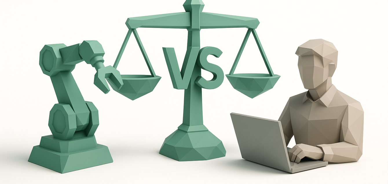 Stylized scales with 'VS' balancing a robotic arm and an in-house developer at a laptop, illustrating agency vs in-house developer tradeoffs in ROI, speed, and stability