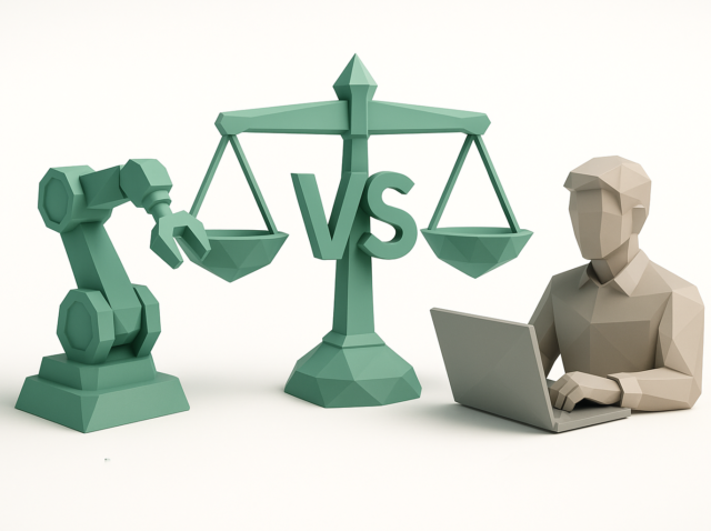 Stylized scales with 'VS' balancing a robotic arm and an in-house developer at a laptop, illustrating agency vs in-house developer tradeoffs in ROI, speed, and stability