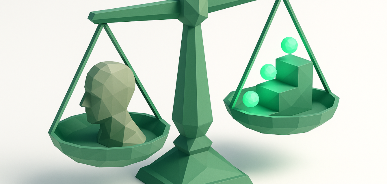 Low‑poly green balance scale with a human head on one side and stacked AI blocks with glowing nodes on the other, illustrating the cost comparison between a bad hire and AI.