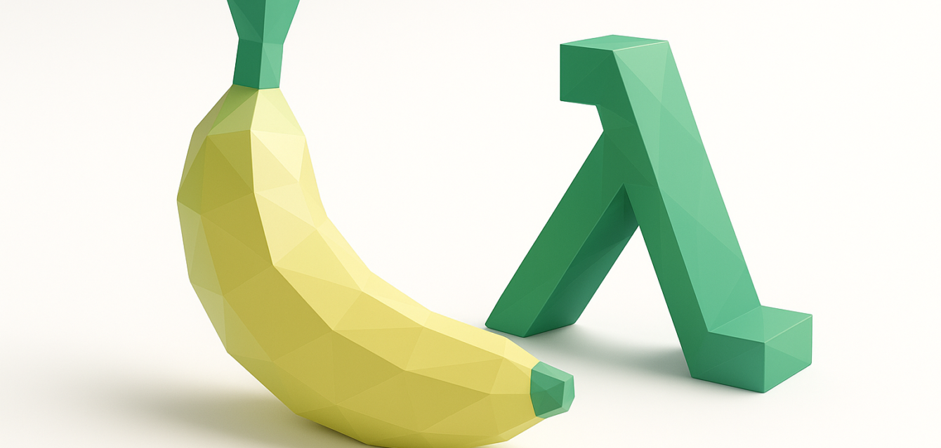 Low-poly yellow banana next to a green low-poly lambda symbol, visually representing Banana.dev vs AWS Lambda for AI performance, cost and speed comparison