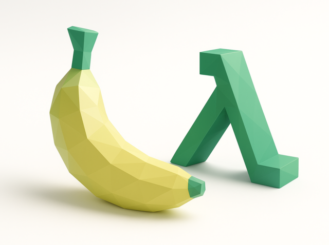 Low-poly yellow banana next to a green low-poly lambda symbol, visually representing Banana.dev vs AWS Lambda for AI performance, cost and speed comparison