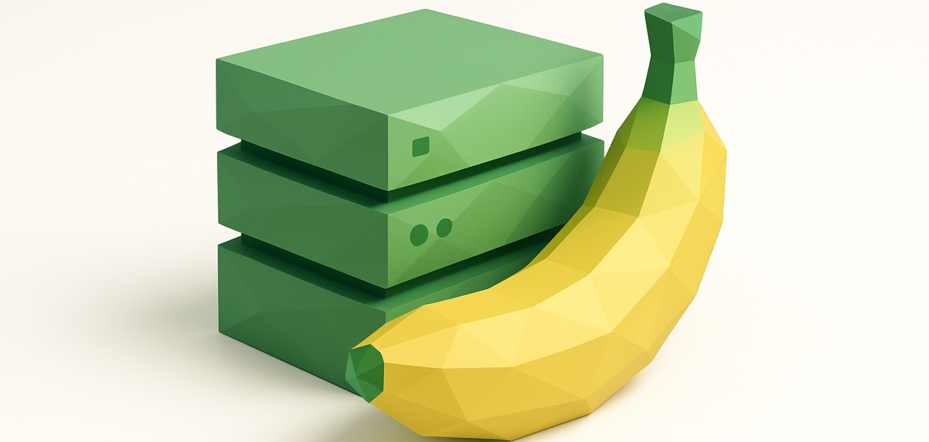 Banana Serverless GPU Pricing 2026 — Server Stack and Banana Illustration Low-poly yellow banana leaning against a stack of green server units, symbolic illustration for Banana Serverless GPU service and the 2026 changes to GPU pricing.