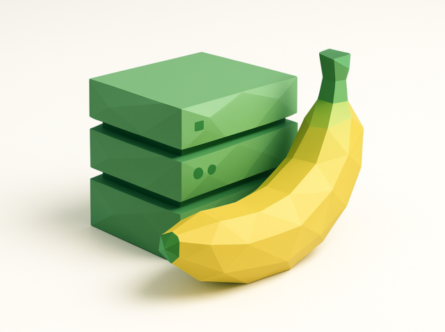 Yeşil sunucu birimleri yığınına yaslanmış düşük poli sarı muz, Banana Sunucusuz GPU hizmeti ve GPU fiyatlandırmasında 2026 değişiklikleri için sembolik illüstrasyon.