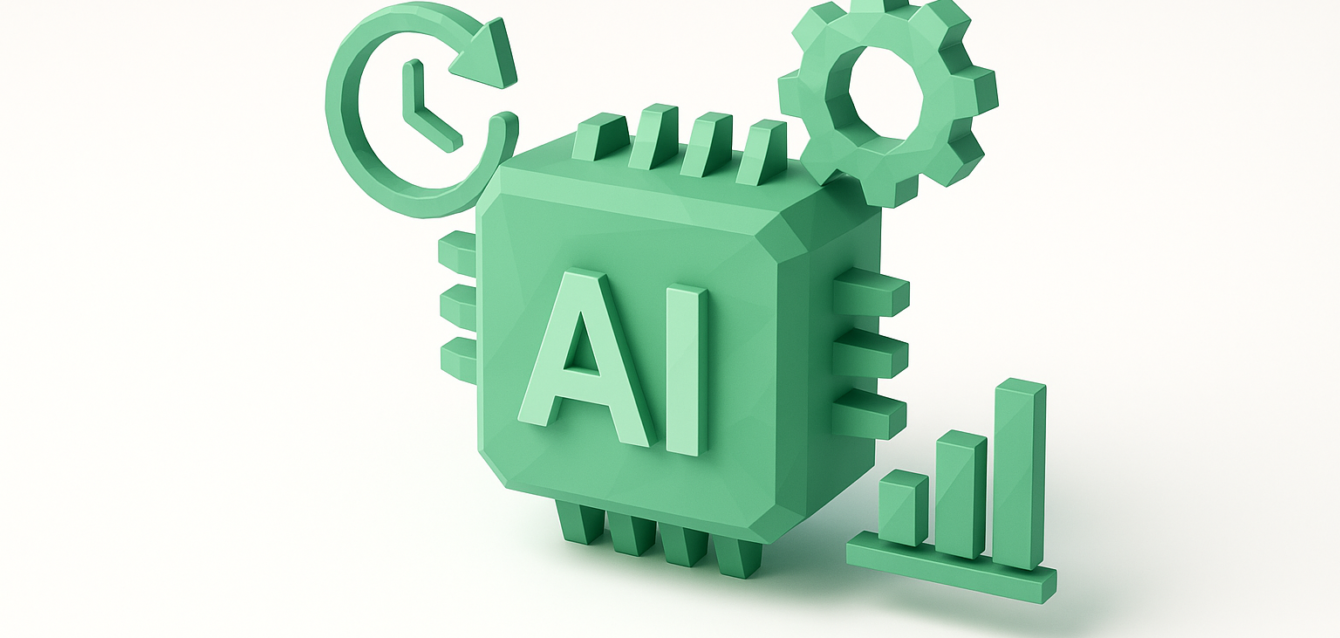 3D green AI chip with gear, clock arrow and rising bar chart illustrating AI-driven operations, automation, efficiency and analytics