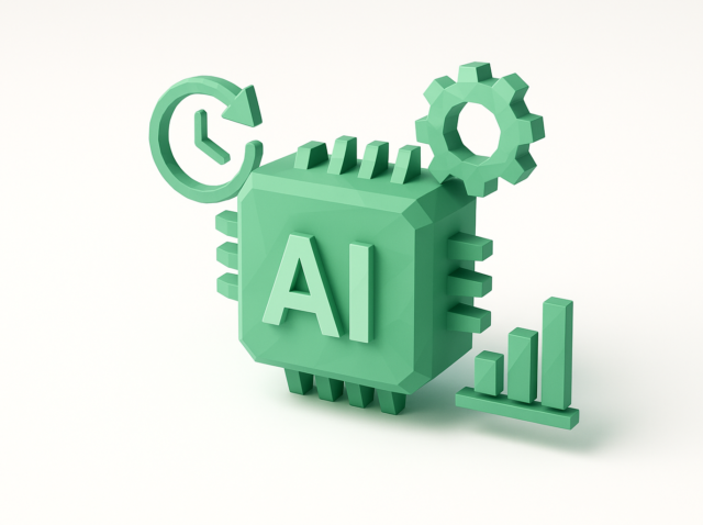 3D green AI chip with gear, clock arrow and rising bar chart illustrating AI-driven operations, automation, efficiency and analytics