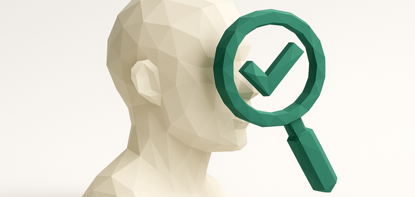 Yeşil bir büyüteç ve onay işaretine sahip soyut düşük poli kafa, önyargının azaltılmasını ve onaylanmış yapay zeka işe alım kararlarını simgeliyor