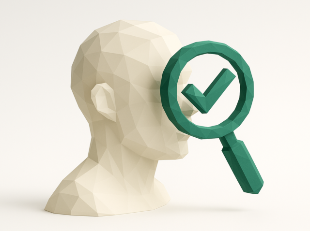 Yeşil bir büyüteç ve onay işaretine sahip soyut düşük poli kafa, önyargının azaltılmasını ve onaylanmış yapay zeka işe alım kararlarını simgeliyor