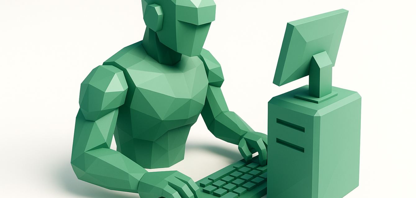 Polygonal Robot Typing at Computer | Building an AI Workforce — 2026 Guide Stylized polygonal green robot typing at a desktop computer, symbolizing AI workforce automation and building AI teams for a 2026 practical guide