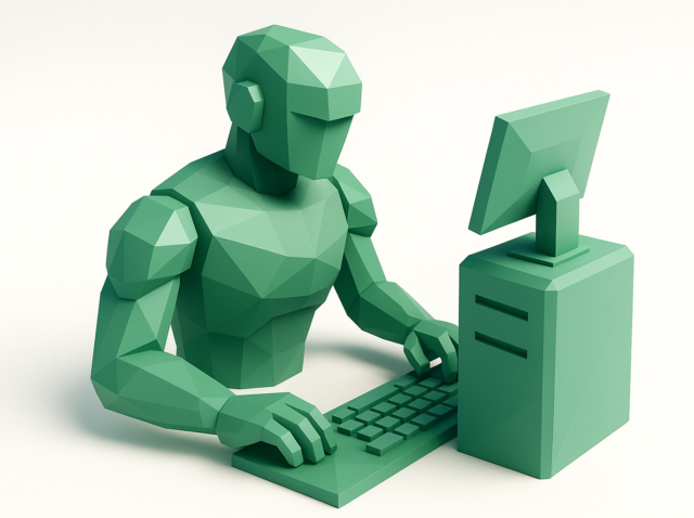 Bir masaüstü bilgisayarda yazı yazan stilize çokgen yeşil robot, yapay zeka işgücü otomasyonunu ve 2026 pratik kılavuzu için yapay zeka ekipleri oluşturmayı simgeliyor