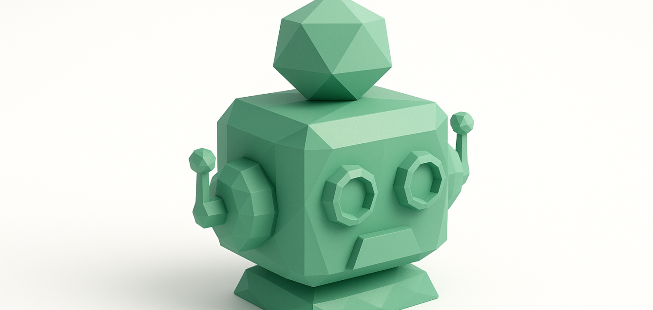 Low-poly mint-green robot bust with geometric shapes, representing a lightweight AI agent for business automation and enterprise tools