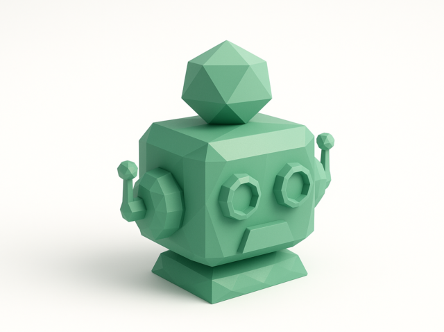 İş otomasyonu ve kurumsal araçlar için hafif bir yapay zeka ajanını temsil eden, geometrik şekillere sahip düşük poli nane yeşili robot büstü