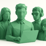 Low-poly green illustration of a four-person marketing agent crew with laptop and headset, representing a marketing team for a 2026 guide