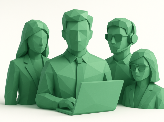 Low-poly green illustration of a four-person marketing agent crew with laptop and headset, representing a marketing team for a 2026 guide