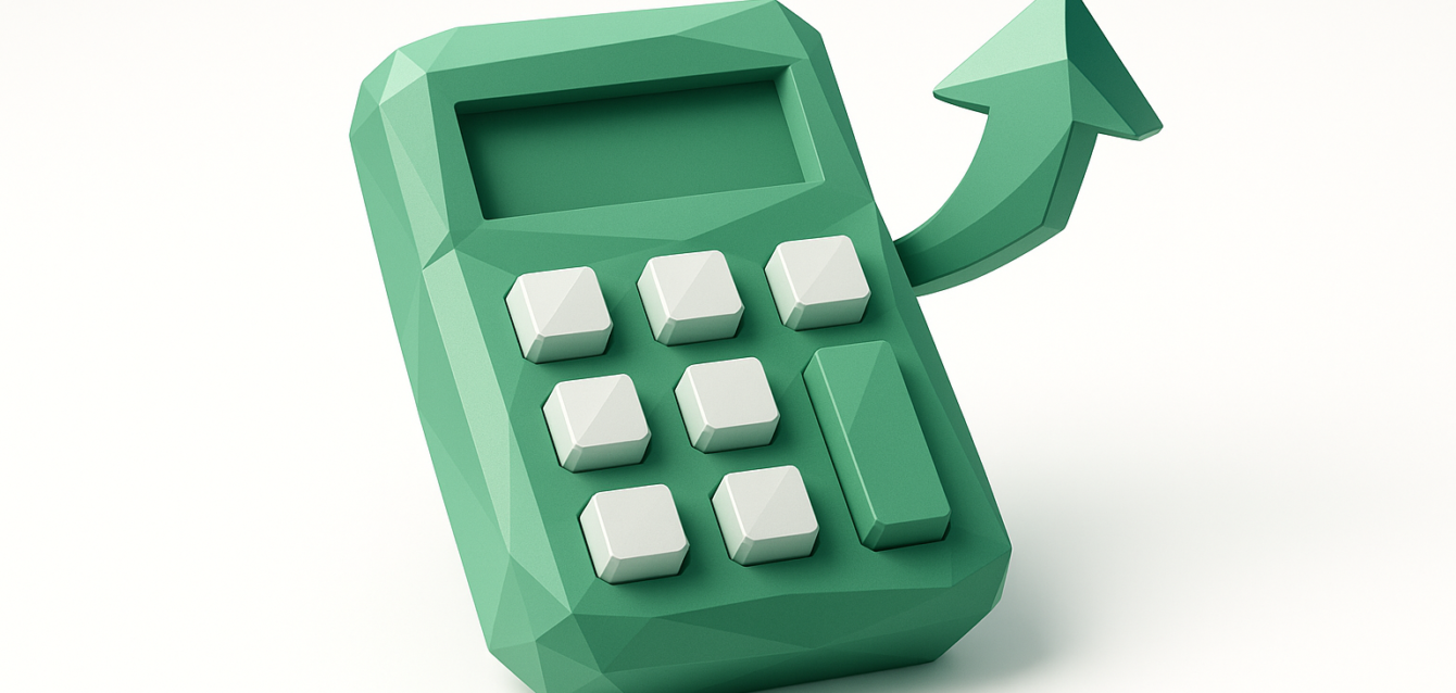 Green low-poly calculator with a rising arrow, symbolizing calculating automation ROI and business growth