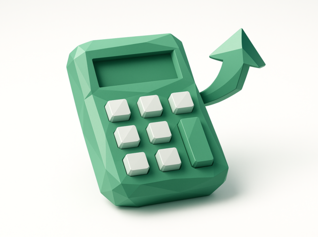 Green low-poly calculator with a rising arrow, symbolizing calculating automation ROI and business growth