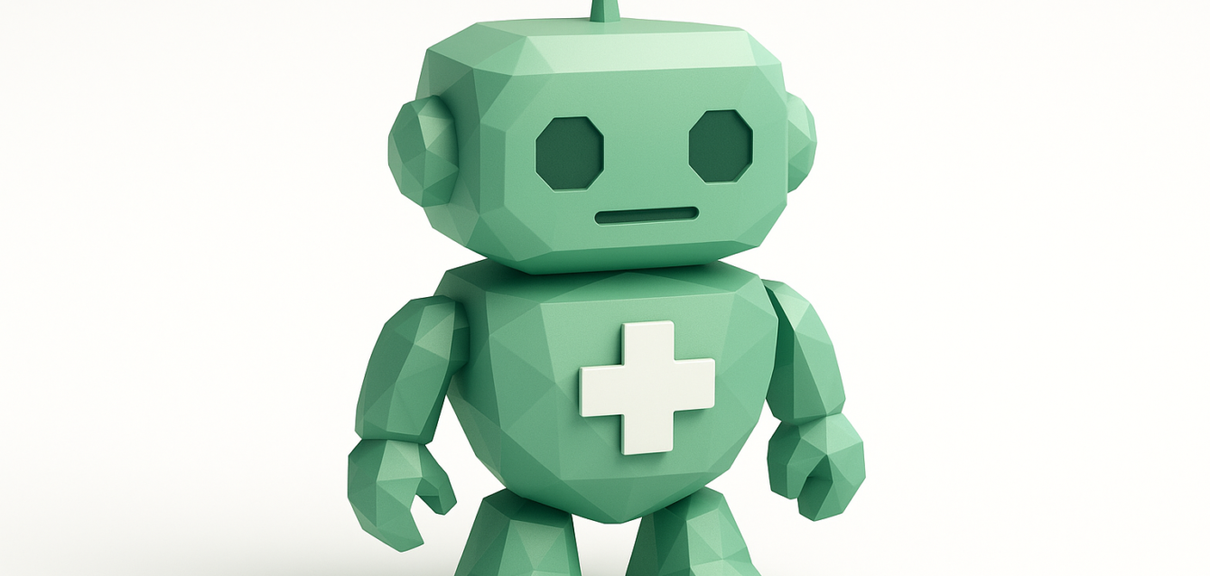 Low-poly green robot with a white medical cross on its chest, representing a healthcare chatbot used for patient triage and symptom assessment.