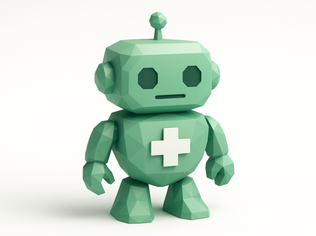 Low-poly green robot with a white medical cross on its chest, representing a healthcare chatbot used for patient triage and symptom assessment.
