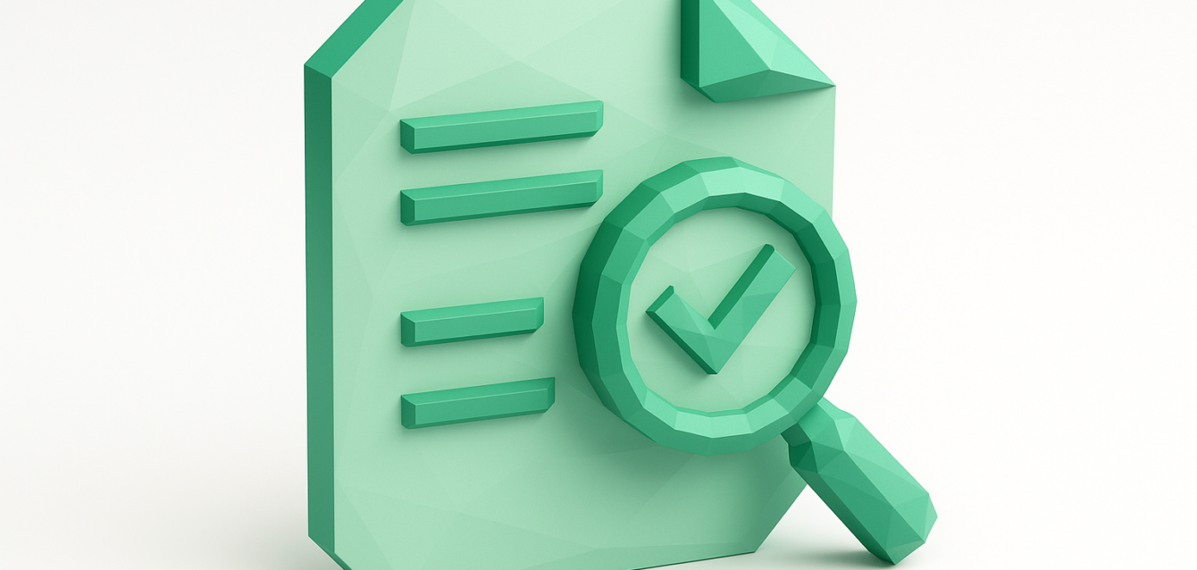 3D mint-green document icon with a magnifying glass and checkmark, representing automated contract review, verification, and compliance for faster, safer deals.