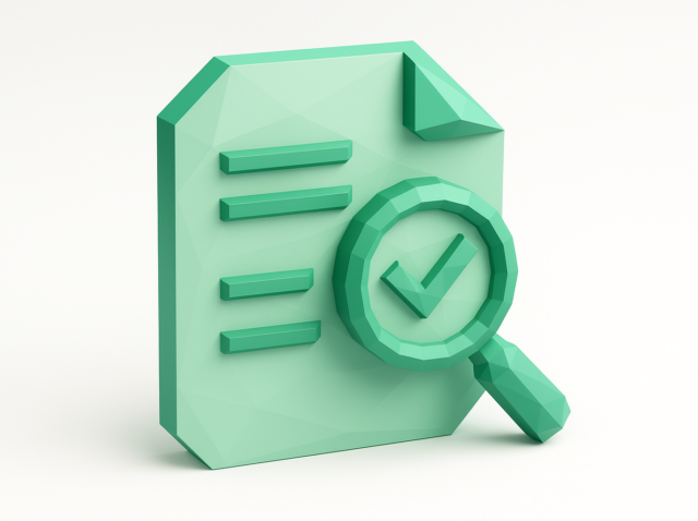 3D mint-green document icon with a magnifying glass and checkmark, representing automated contract review, verification, and compliance for faster, safer deals.