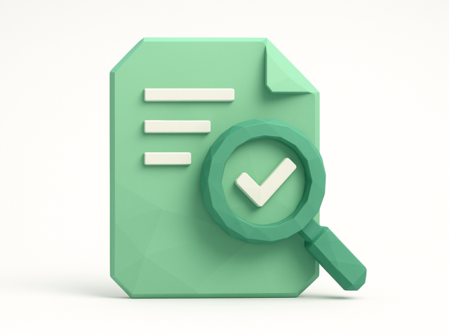 Green icon of a contract document with a magnifying glass and checkmark representing automated contract review and approval