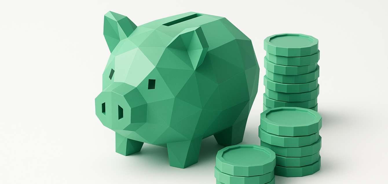 Cost of Running Multi-Agent Systems (2026 Guide) — Piggy Bank and Stacked Coins Green low-poly piggy bank next to stacks of coins symbolizing operational and infrastructure costs of running multi-agent systems