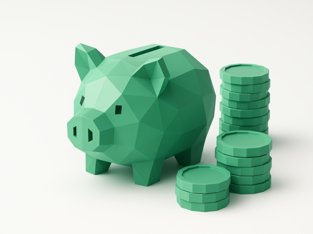 Çok etmenli sistemleri çalıştırmanın operasyonel ve altyapı maliyetlerini simgeleyen bozuk para yığınlarının yanında yeşil düşük poli kumbara