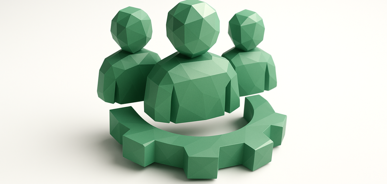 CrewAI Digital Workforce OS — Team Automation Icon Low-poly green user icons arranged above a gear, symbolizing CrewAI’s digital workforce OS, team automation and orchestration