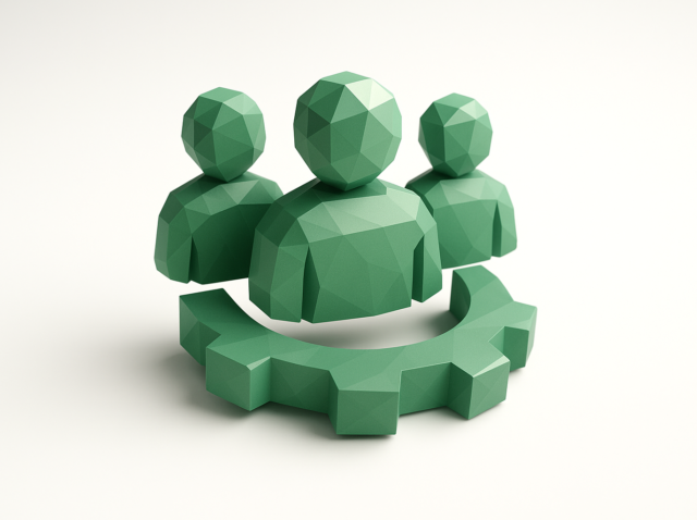 Low-poly green user icons arranged above a gear, symbolizing CrewAI’s digital workforce OS, team automation and orchestration