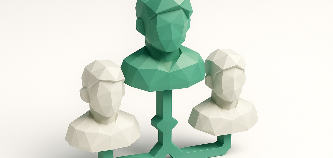 Three low-poly connected busts with a central green figure and two white figures on a shared base, symbolizing a networked AI team structure for a CrewAI beginner tutorial.