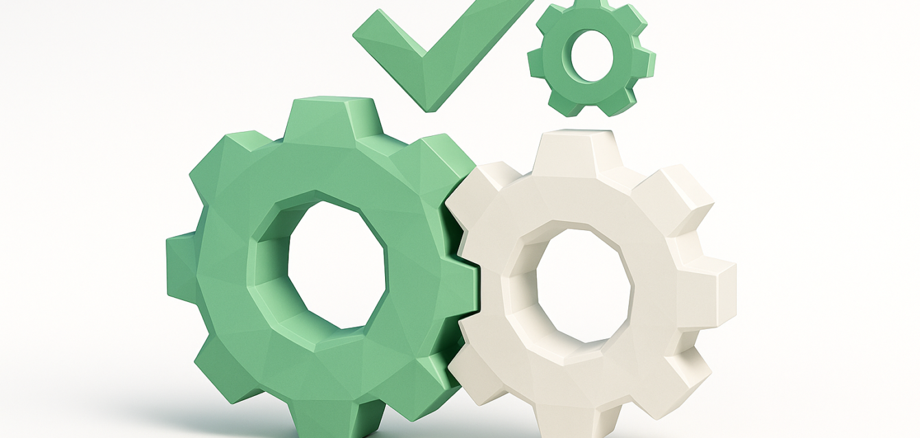 Interlocking green and white gears with a check mark, symbolizing automation and the choice between custom vs off-the-shelf software