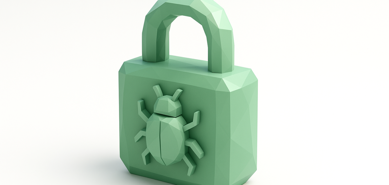 Low-poly mint green padlock with an embossed bug icon on a white background, symbolizing debugging and bug containment for multi-agent loop fixes.