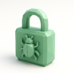 Low-poly mint green padlock with an embossed bug icon on a white background, symbolizing debugging and bug containment for multi-agent loop fixes.