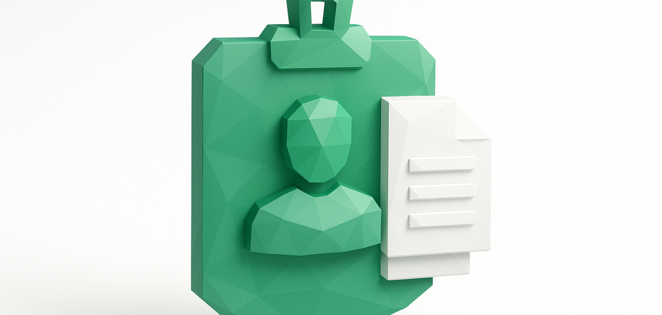 Polygonal green ID badge with a user profile icon and a white document, symbolizing agent profiles, role assignments, and written backstories for character dossiers.
