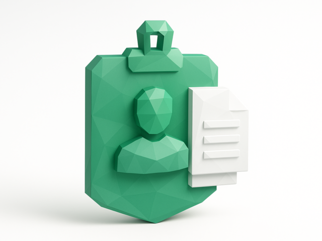 Polygonal green ID badge with a user profile icon and a white document, symbolizing agent profiles, role assignments, and written backstories for character dossiers.