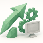 3D green polygonal upward arrow with interlocking gears and a desktop monitor, representing digital transformation, automation and autonomous ecosystems growth for Digital Transformation Strategy 2026