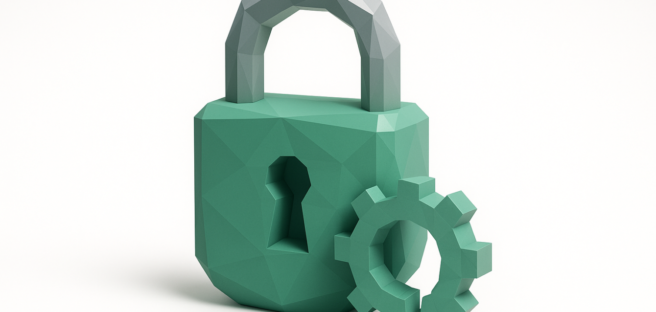 Low-poly green padlock with a gear icon representing business automation and security, illustrating DIY automation risks