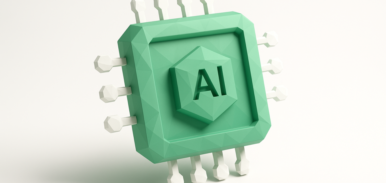 Edge AI Chip Concept - On-Device Edge Computing Trends 2026 Stylized green AI microchip with white connector pins, symbolizing edge AI hardware and on-device inference for edge computing trends in 2026