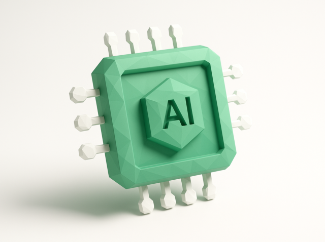 Beyaz konektör pimlerine sahip stilize yeşil yapay zeka mikroçipi, 2026'daki uç bilişim trendleri için uç yapay zeka donanımını ve cihaz üzerinde çıkarımı simgeliyor