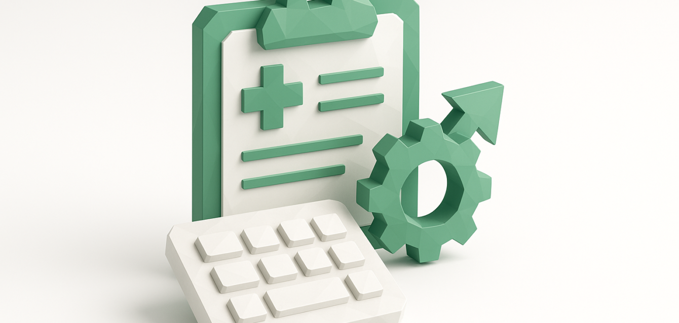 3D green-and-white illustration of a medical clipboard with a cross, a calculator, and a gear with an upward arrow symbolizing automated EHR data entry and reduced administrative work.