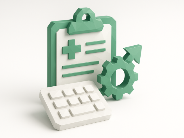 3D green-and-white illustration of a medical clipboard with a cross, a calculator, and a gear with an upward arrow symbolizing automated EHR data entry and reduced administrative work.
