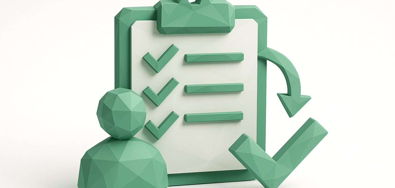 Stylized green 3D clipboard checklist with user icon and checkmarks representing employee onboarding automation tools for zero-day success