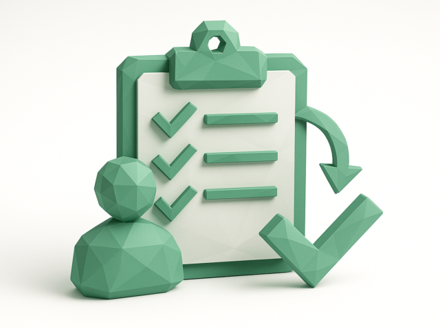 Stylized green 3D clipboard checklist with user icon and checkmarks representing employee onboarding automation tools for zero-day success