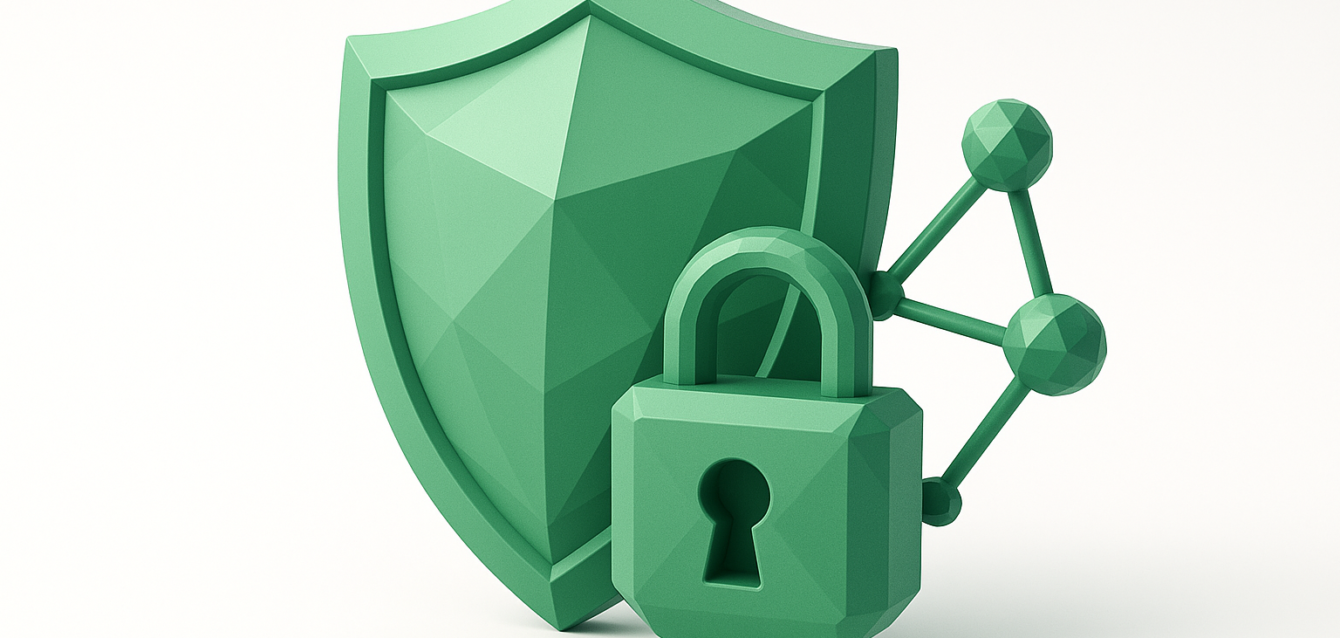 Green geometric shield and padlock with connected nodes symbolizing fraud detection, data security, and protection for small businesses